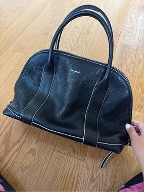 Coach Bleeker Preston Black Pebbled Leather Satchel with White Contrast Trim